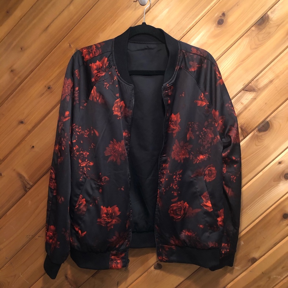 Reversible black/red rose bomber jacket